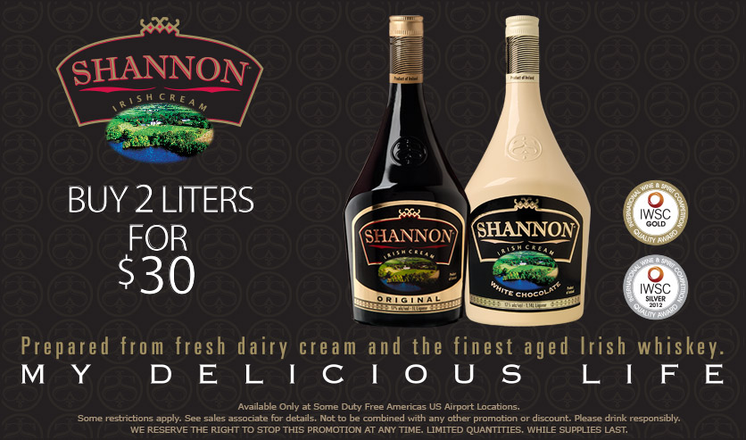 Shannon Irish Cream - Buy 2 Liters for $30 - Promotion available at Duty Free Americas US Airport Stores